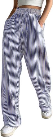 Generic Womens Casual Striped Pants Drawstring Elastic Waist Straight Wide Leg Trousers with Pockets Casual Lightweight Comfortable Dress Work Palazzo Pants L