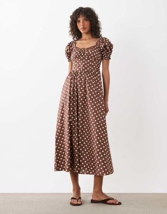 New Look Vestito midi milkmaid bianco a pois