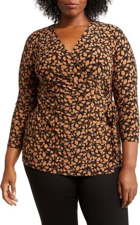 Anne Klein Leaf Print Faux Wrap Top in Anne Black/vicuna at Nordstrom, Size 2X