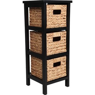 Happimess Cohen Coastal Handcrafted Pine Wood 3-Tier Storage Cabinet with 3 Water Hyacinth Woven Baskets in Black at Nordstrom
