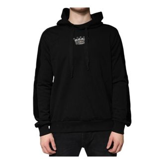 Dolce & Gabbana Hoodies, male, Black, L, Black Crown Embroidered Hooded Sweatshirt