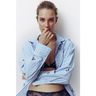 H&M Embellished Cotton Pyjama Shirt in Light Blue/striped at Nordstrom, Size X-Small