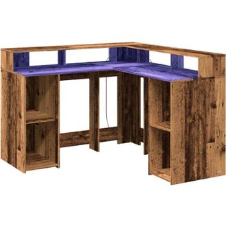 vidaXL Desk with LED Lights Old Wood 130x130x91 cm Engineered Wood vidaXL