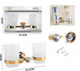 Trade Shop Trade Shop - Doppio Bicchiere Supporto Bagno Porta Spazzolino Denti Muro Dorato Oro Dgo-106