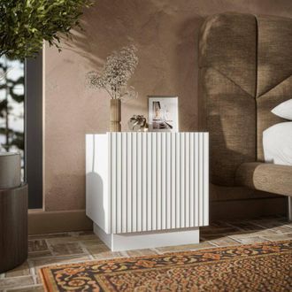 Dmora Conjunto De 2 Mesitas De Noche Revo, C&oacute;moda Baja Con Puerta Abatible Y Compartimento Interior, Acabado Efecto Ca&ntilde;a, 47x40 H45 Cm, Blanco