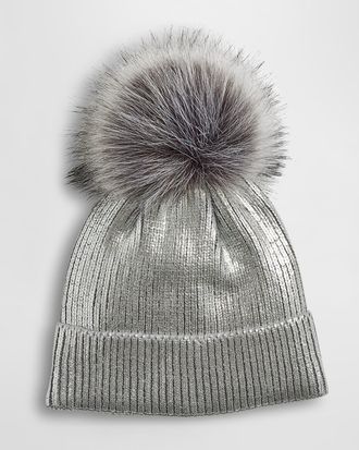 Fabulous Furs Metallic Ribbed Beanie with Faux Fur Pom
