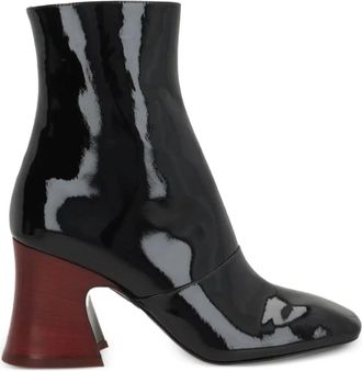 Chlo&eacute; Zwarte leren laarzen met koeienhuid hak - Dames - Laarzen met Hak - Zwart - 39 EU - Leer - Schoenen