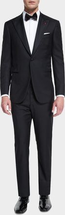 Isaia Satin Peak-Lapel One-Button Wool Tuxedo, Black