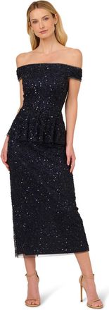 Adrianna Papell Womens Bead Mesh Peplum Dress - Blue - Size 12 UK