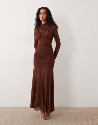 Tfnc vestito lungo in chiffon arricciato color cioccolato-Marrone