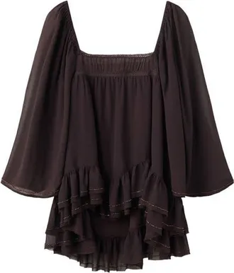 Mango Bead Embellished Ruffle Tiered Tunic Top in Brown at Nordstrom, Size 6