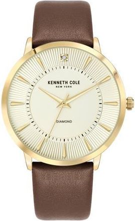 Kenneth Cole Diamond Dial Three Hand Quartz Leather Strap Watch, 45mm in Brown at Nordstrom Rack