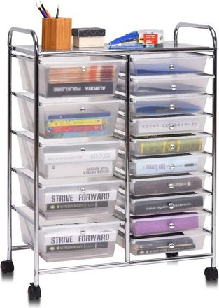 Costway Costway - Carrito Auxiliar Almacenamiento Con 15 Cajones Apilables Y Ruedas Estructura Met&aacute;lica, Carro Organizador Para Cocina Restaurante (transparen