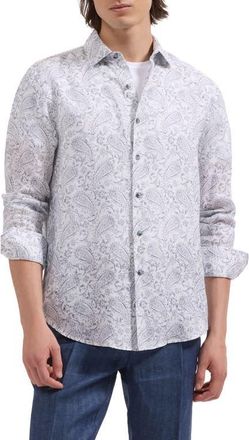 Bugatchi Julian Shaped Fit Paisley Print Linen Button-Up Shirt in White at Nordstrom, Size Xxx-Large