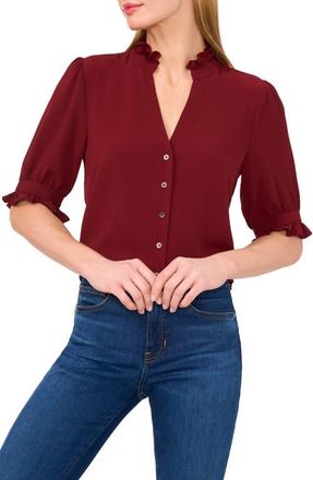 CeCe by Cynthia Steffe V-Neck Button-Up Shirt in Claret Red at Nordstrom, Size Large