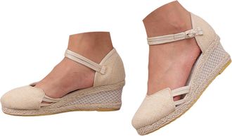 Generic Womens Closed Toe Wedge Sandals, Comfortable Pointed Toe Buckle Ankle Strap Wedges Heels Pumps Cork Espadrille Casual & Dressy Summer Shoes Beige