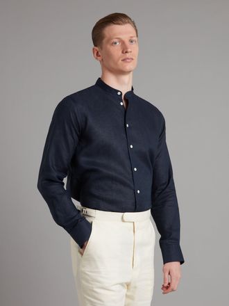 Oliver Brown Collarless Linen Shirt - Navy