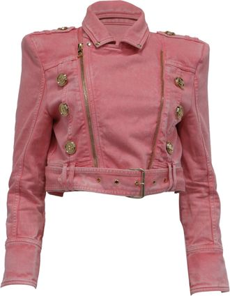 Balmain Belted Cropped Denim Jacket in Pink Cotton
