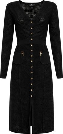 Fracomina Lange gebreide jurk met knopen - Dames - Kleedjes - Zwart - L - Polyester - Kleedjes