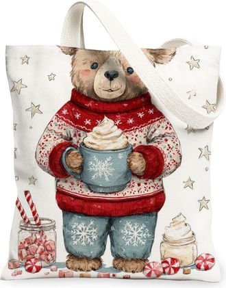 Generic Christmas Bear Canvas Tote Bags, Adorable Animal Pattern Reusable Bags, Winter Lightweight Washable Shoulder Strap Canvas for Travel Picnic 13x15 Inch