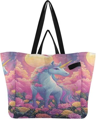 Generic Floral Unicorns Pink pattern Reusable Canvas Tote Bag, Heavy Duty Grocery Shopping Bag with Hard Bottom Large Capacity Double Handles Work Groceries T