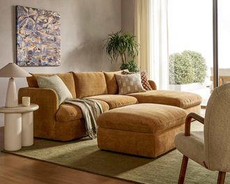 Castlery Ollie Storage Chaise Sectional Sofa Right Facing with Ottoman, Mustard Brown, Removable Covers, Gaslift Storage for Living Room