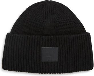 Acne Studios Pana Face Patch Wool & Yak Hair Blend Rib Beanie in Black at Nordstrom