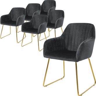 ML Design Ml-design - 6x Sillas De Comedor Color Gris Ergon&oacute;micas Asiento Tapizado Aspecto De Terciopelo Con Respaldo Y Reposabrazos Patas De Metal Sill&oacute;n Moder