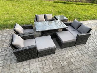 Fimous Outdoor Garden Furniture Sets 8 Pieces Wicker Rattan Furniture Sofa Dining Table Set with 2 Big Footstool Side Table in Dark Grey