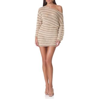 AFRM Samantha One-Shoulder Long Sleeve Crochet Minidress in Dune Stripe at Nordstrom, Size X-Large