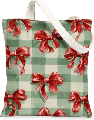 Generic Vintage Bow Canvas Tote Bags, Rustic Holiday Gift Pattern Reusable Grocery Bags, Lightweight Washable Shoulder Strap Canvas, Green, 13x15 Inch
