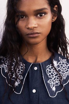 H&M Embroidered-collar Denim Blouse in Dark Denim Blue at Nordstrom, Size X-Small