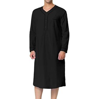Generic Mens Cotton Nightshirt Long Sleeve V Neck Knee Length Pajamas Tops Plus Size Henley Nightgown Soft Button Nightdress Trendy Loose Henley Sleepwear Sle