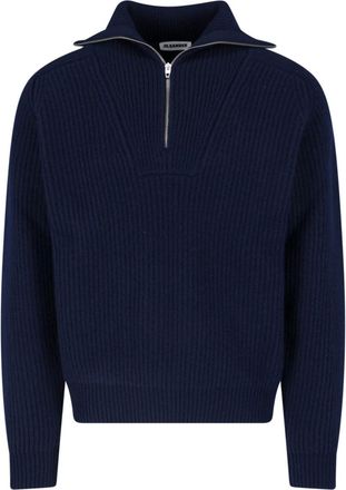Jil Sander Half-Zip Ribbed Knit Sweater with Wide Collar