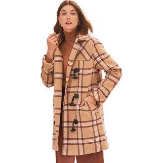 Jessica London Hooded Toggle Wool Coat in Soft Camel Plaid at Nordstrom, Size 26