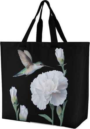Generic Hummingbird White Carnation Flower Tote Bag Reusable Grocery Shopping Bags Large Travel One Shoulder Handbag for Picnic Work