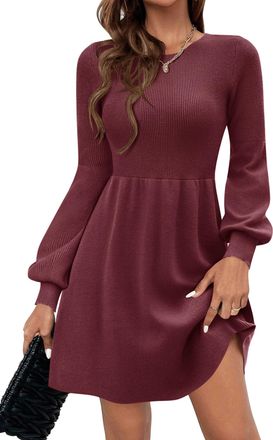 Zeagoo Women Jumper Dress Round Neck Knitted Dress Eleagnt Puff Sleeve High Waist Dresses Autumn Sweater Dress for Ladies Red XXL