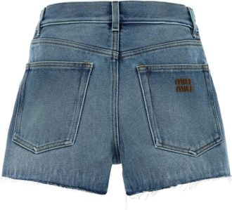 Miu Miu Frayed-Hem Cotton Denim Shorts - Blue