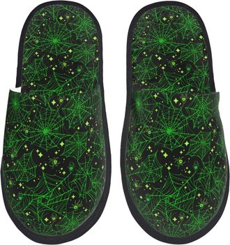 Generic Camping Slippers Green Bright Web With Spiders Fuzzy Slippers Warm Slipper Non Slip House Shoes For Travel Winter Women & Men L