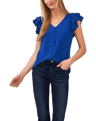 CeCe by Cynthia Steffe Top Womens XL Blue Stretch Ruffle Button Front V-Neck Blouse Preppy ERK269