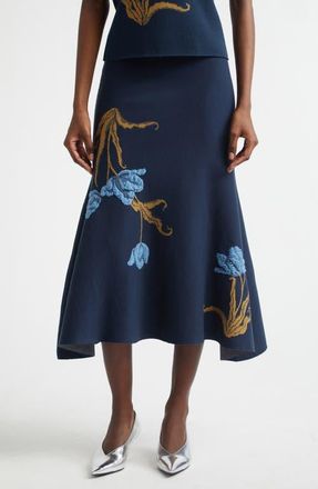 Erdem Floral Jacquard Trumpet Midi Skirt in Navy at Nordstrom, Size X-Small