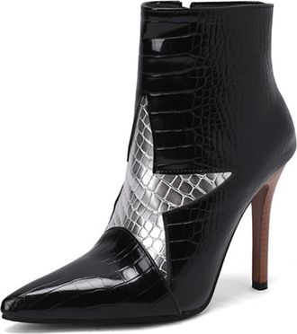 Generic Womens Pointed Toe Stiletto Heel Ankle Boots with Buckle and Zipper Design Patent Leather High Heel Booties for Office & Evening Wear,Black,6.5 UK