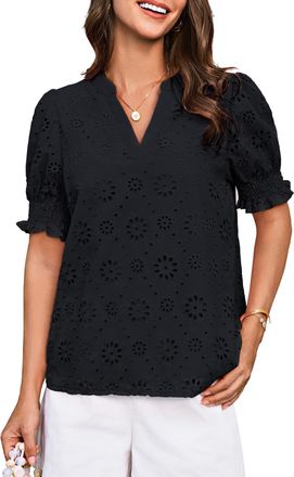 Grace Karin Summer Casual V-Neck Ladies Short Sleeve Tshirts Puff Sleeve Tops Club Party Tops Black XXL