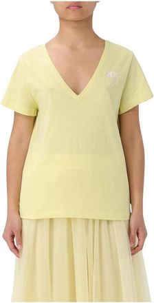 Pinko V-hals Katoenen Tee - Dames - T-shirts - Geel - L - Katoen - Tops