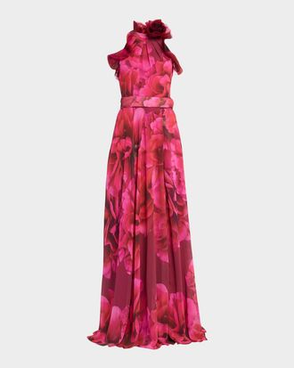 Teri Jon Chiffon Floral Organza Halter Gown