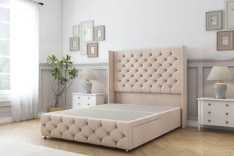 Sloomy Luthor Naples Divan Base 2 Drawers - 54 Wingback & 12 Footboard in Light Sand | Size: Small Double
