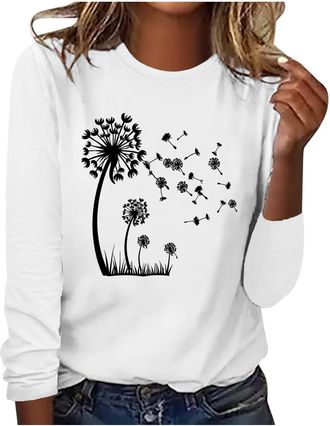 Generic Casual Dandelion Print Sweatshirt for Women UK 2025 Fall Long Sleeve Crew Neck Loose Fit Pullover Tops Dressy Comfy Solid Color Going Out Blouse Ladie
