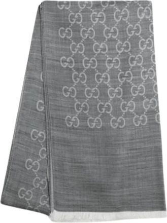 Gucci Pre-owned Scarves, female, Gray, Size: ONE SIZE Pre-owned Jacquard GG Wool Silk Two-Tone Scarf Light Gray