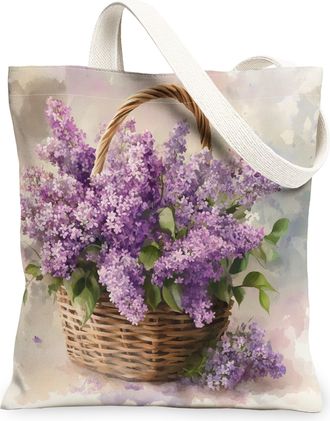 Generic Spring Lilac Flower Canvas Tote Bag for Shopping 13x15, Cute Watercolor Floral Reusable Grocery Print Bag for Women, Garden Flower Beach Aesthetic Pai