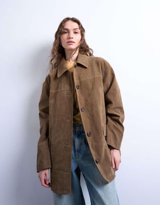 Topshop High Break - Giacca squadrata lunghezza media in camoscio sintetico marrone